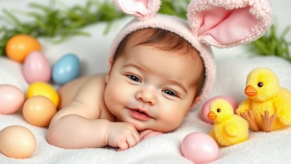 Newborn Easter celebration in San Antonio with bunny ears and eggs.