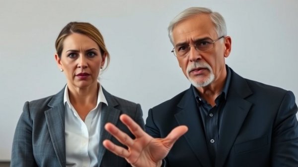 Serious woman gesturing in press conference with older man's photo in background.