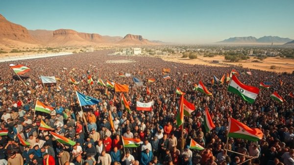 Aerial view of a large crowd demonstrating in support for Iran in Yemen, surrounded by mountainous terrain.