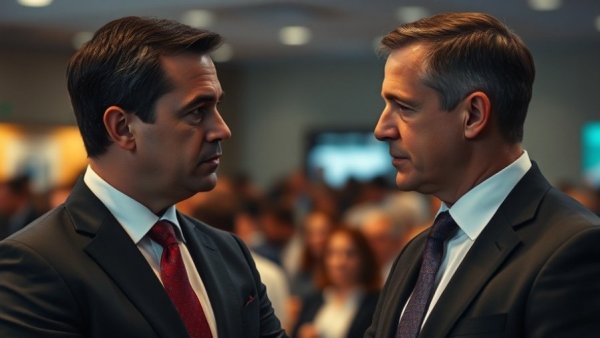 Two men discussing at a conference on defense funding.