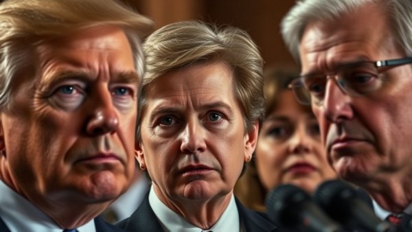 Political figures in a formal news setting, trump breaking news today.