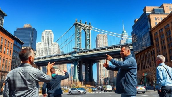 Urban scene with men inspecting a damaged bridge during daytime.