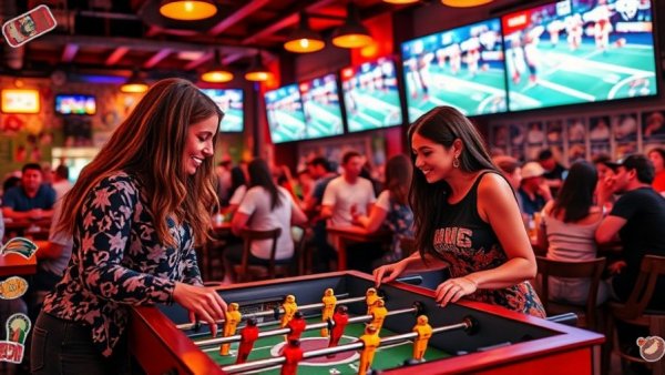 Women playing foosball and enjoying a lively sports bar surrounded by stickers.