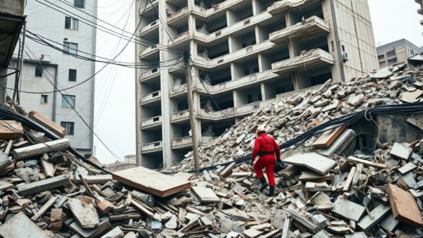 Rescue worker in debris of collapsed building amidst urban destruction, US fighter jet shot down context.