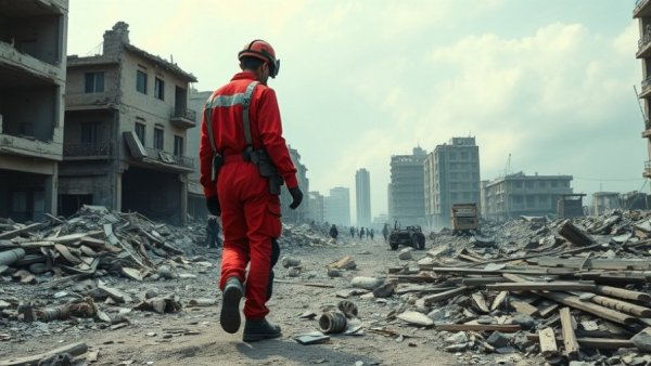 US military operations in Iran aftermath: rescue worker amid urban rubble.