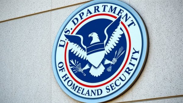 U.S. Department of Homeland Security emblem on building wall.