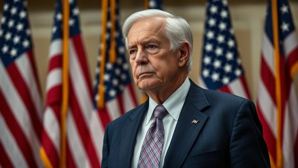 Serious man in suit with flags discussing Medicare fraud.