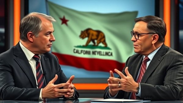 News broadcast on California fraud crisis with two men discussing.