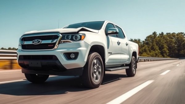 Slightly damaged white pickup truck on Austin highway.