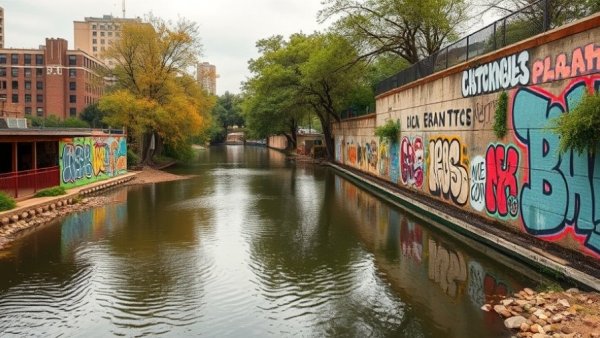 Peaceful urban riverbank scene in Austin with graffiti wall.
