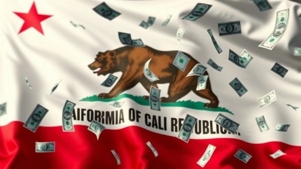 LA healthcare fraud bust concept with California flag and money floating.