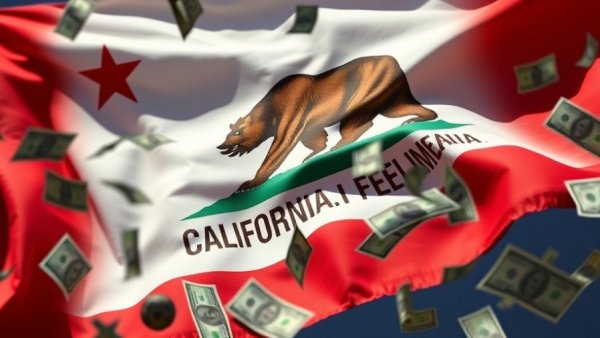 California flag symbolizing healthcare fraud in California with floating dollars.