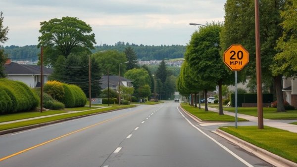 Quiet suburban road in Houston with speed limit sign, early morning