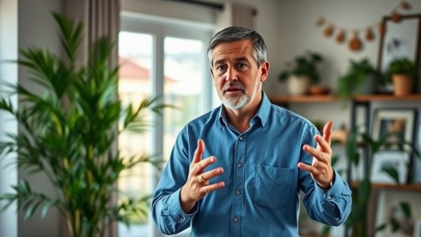 Middle-aged man discussing activity to do after eating, indoors.
