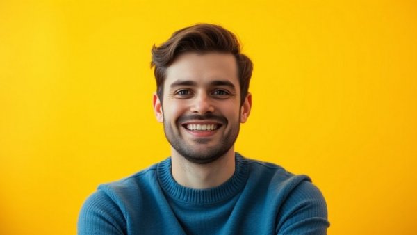 A casually smiling man in a blue sweater against a yellow background.