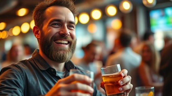 Smiling man at San Antonio event carrying drinks, indoor setting.