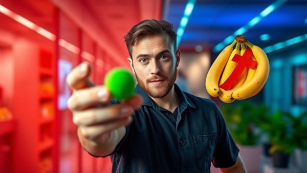 Man holding mystery green object over bananas, highlighting best potassium food alternative.