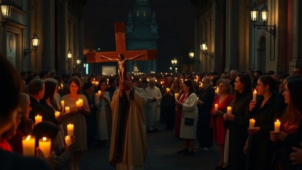 Pope Leo XIV carries cross in nighttime procession