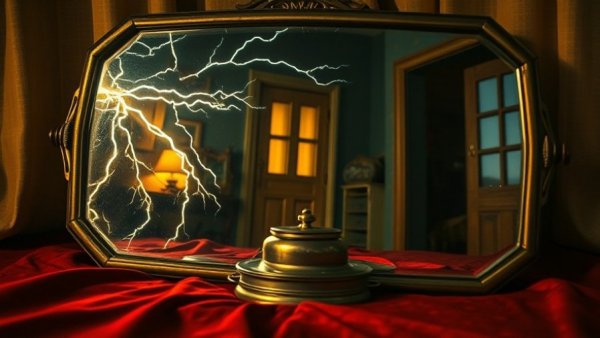 Karen Mahaffy Deluge exhibit artwork with mirror and lightning pattern.