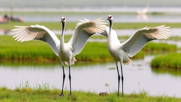 Majestic whooping cranes spreading wings near marsh, endangered species.