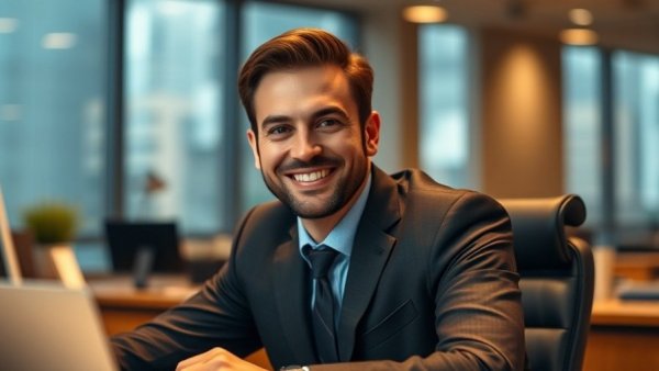 Confident businessman at desk in professional office setting.