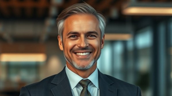 Confident businessman in suit promoting Dallas economic development.