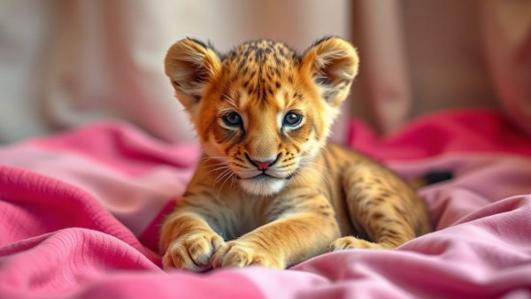 Endangered lion cub sitting on colorful fabrics indoors.