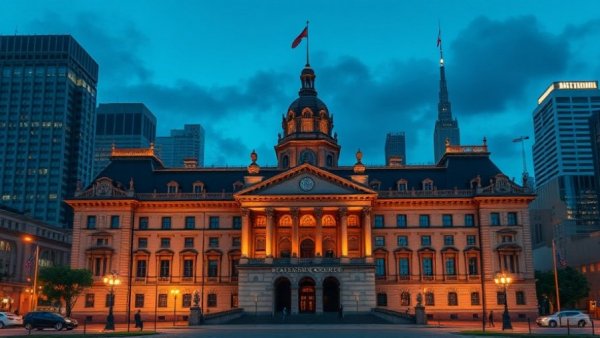 Historic Dallas courthouse lit up in evening urban scene.