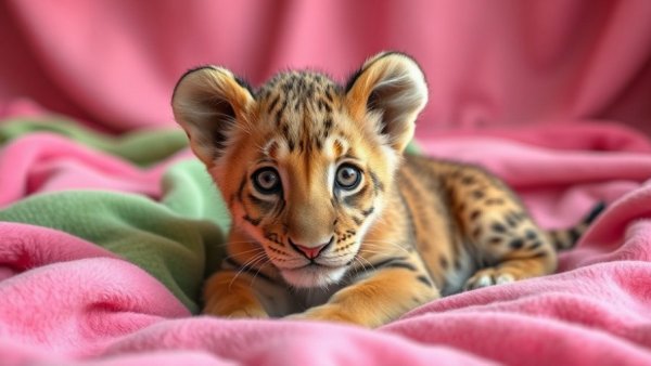 Endangered lion cub resting on colorful blankets indoors.