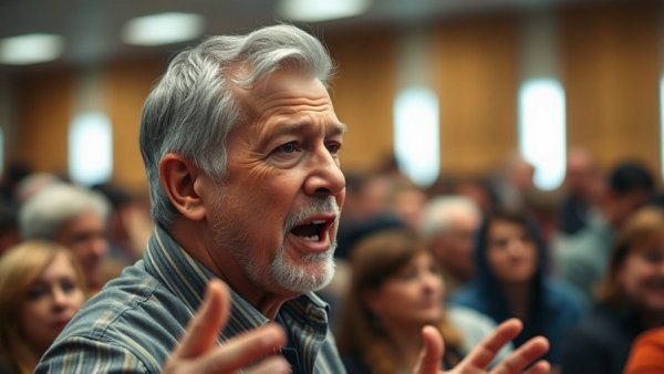 DHS funding shutdown discussed by an older man in a crowded setting.