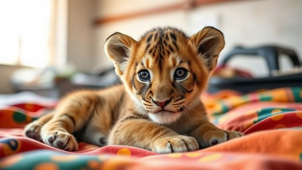 Curious endangered lion cub on bright blankets indoors.