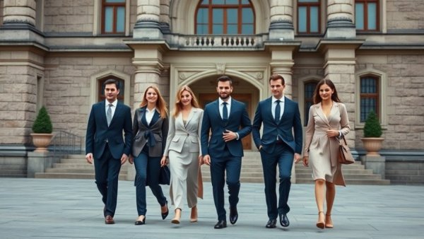 Elegant family walking during Easter service, formal attire, natural setting.