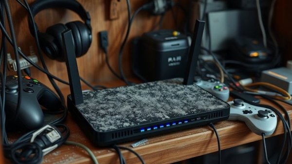 Dusty router on shelf needing security updates.