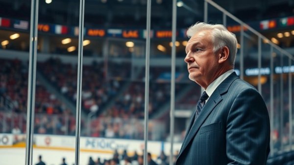 Contemplative man in a suit at a hockey game, arena backdrop.