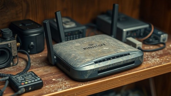 A dusty, expiring router surrounded by electronics on a shelf.