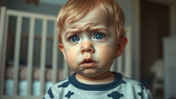 Upset toddler near crib, indoor soft lighting.