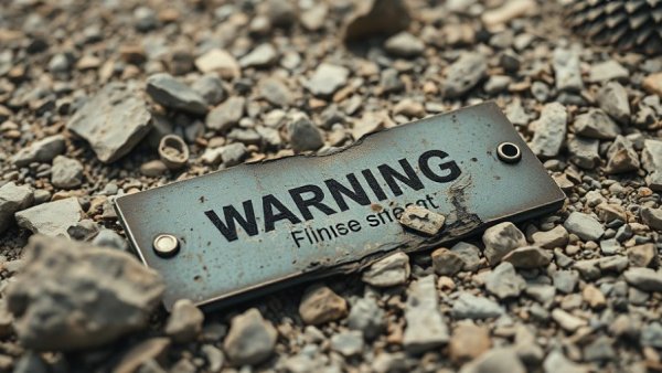 Metal debris with caution text on rocky terrain, media context.