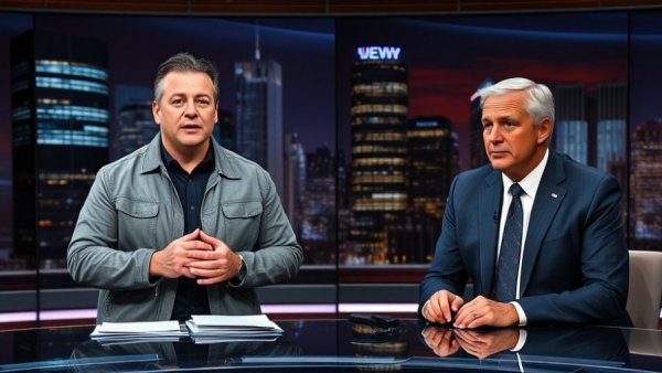 News broadcast discussing fraud in California with two men.