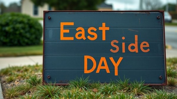 East Side Day event sign reflecting Austin community news.