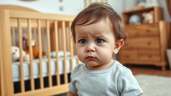 Upset toddler standing by crib, toddler tantrum solutions scene.