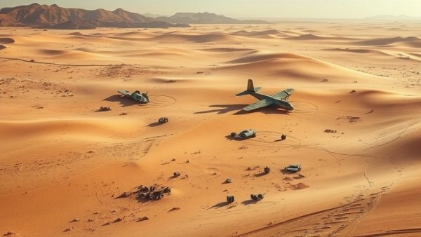 Desert landscape with crash debris, warm sunlight in remote terrain.