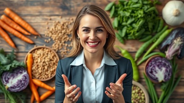 Healthy foods and professional attire promote using fiber to burn calories.