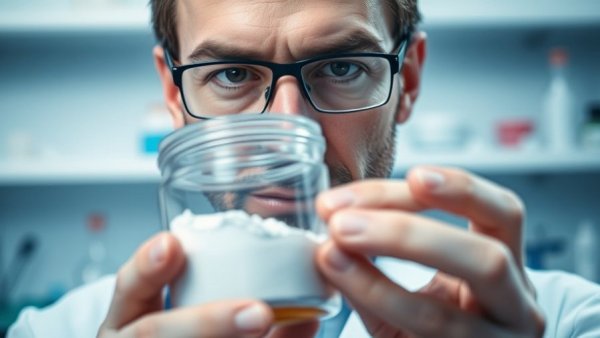 Refined fiber risks illustrated by serious scientist with powder container.