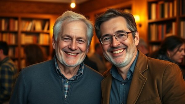 Smiling couple enjoying a warmly lit social event.