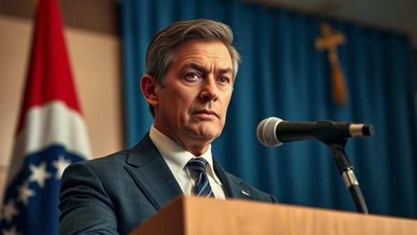 Trump Iran news conference: Serious figure speaking at a podium.