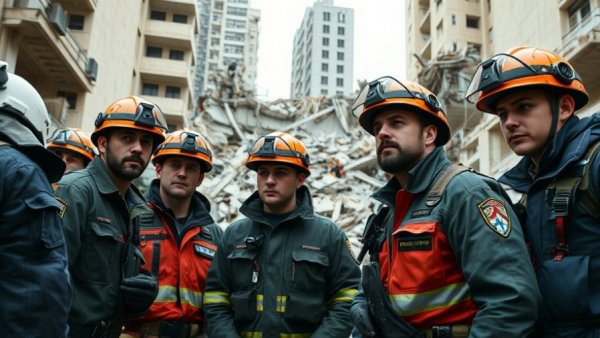 Rescue workers assess collapsed building amid Trump ultimatum to Iran tension.