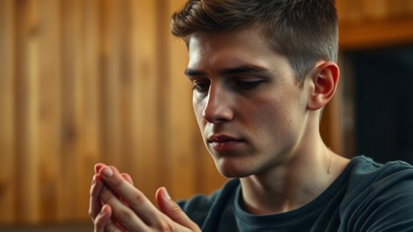 Contemplative young man praying indoors, healing power of prayer.