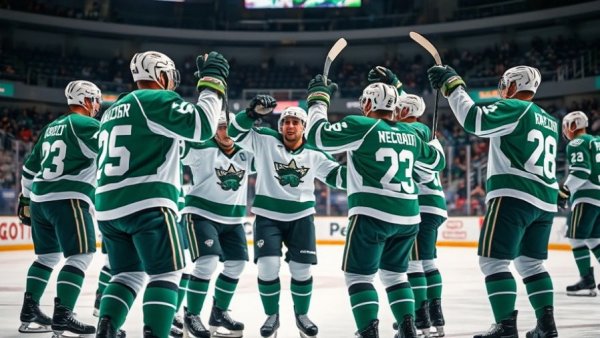 NHL team in green and white uniforms celebrating on ice.