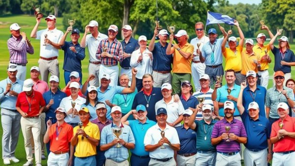 Golf tournament collage showcasing winners and trophies.
