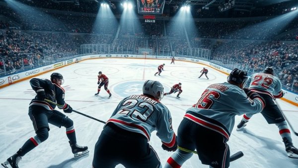 Intense ice hockey action under bright lights
